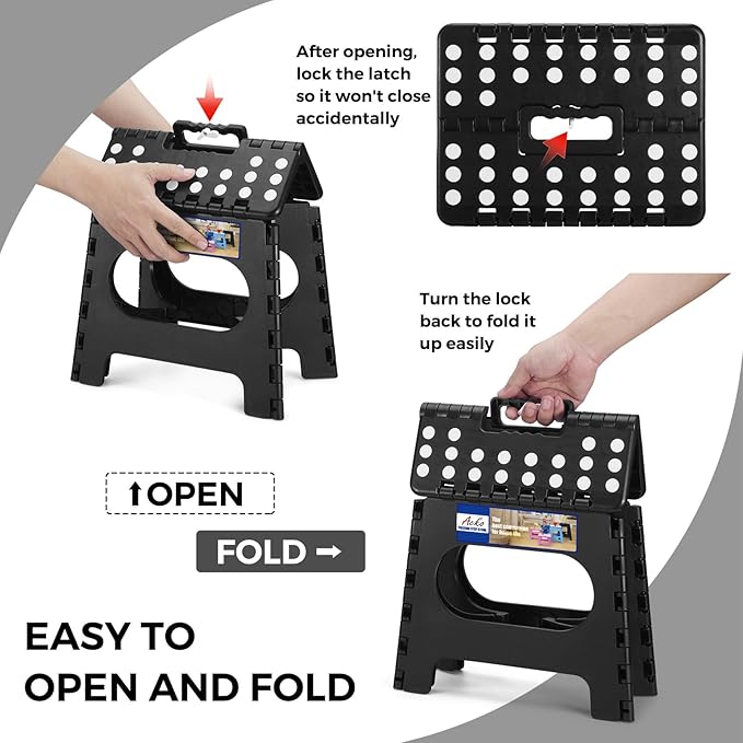 ACKO Folding Step Stool Foldable Step Stools for Kids, 11 Inch Foot Stool Black Plastic Step Stool with Portable Handle Small Stool Hold up to 300lbs for Bathroom, Kitchen 1PC