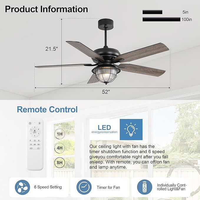 52 Inch Modern Ceiling Fan with Lights Remote,6 Speed Reversible DC Motor Waterproof and Moisture-Proof Ceiling Fan with Patio Bedroom Living Room