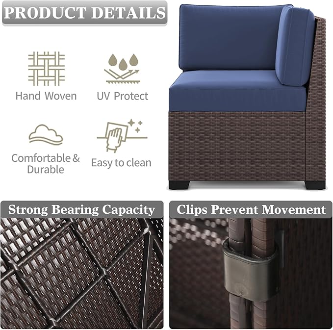 LayinSun 7 Pieces Outdoor Patio Furniture Set with 44" Fire Pit Table Brown Rattan Sectional Sofa Conversation Sets