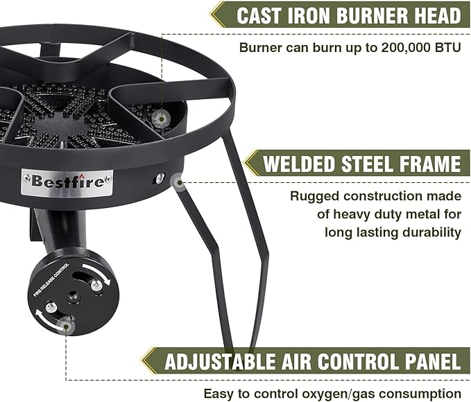 Bestfire 16" Single Propane Burner Camping Stove with Steel Braided Hose 200,000 BTU for Frying, Camping, Home Brewing and Turkey Frying