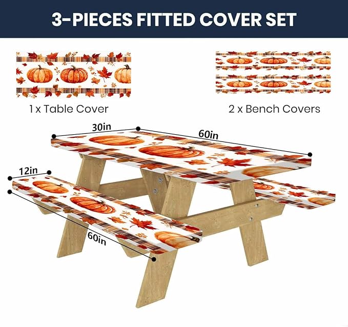 CAPSCEOLL Elastic Picnic Table Cover with Bench Covers 5Ft Waterproof Fitted Picnic Table Cover Cloths for Outdoors Camping Tablecloth with Drawstring Bag, 60X30in, Pumpkins Leaf