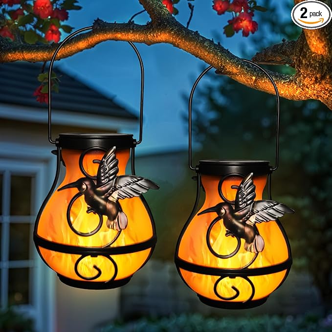 X-PREK 2 Pack Solar Lanterns Outdoor Waterproof Hummingbird Hanging Solar Lantern Flickering Flame Lights Solar Powered Lamps Garden Patio Porch Decoration