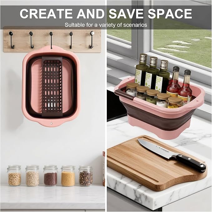 2.77 Gallon (10.5L) Collapsible Dish Basin with Drain Plug, Pink Camping Dish Basin for RV, Space-Saving Foldable Washing Bin, BPA-Free Portable Sink for Vegetables and Dishes - with Brush