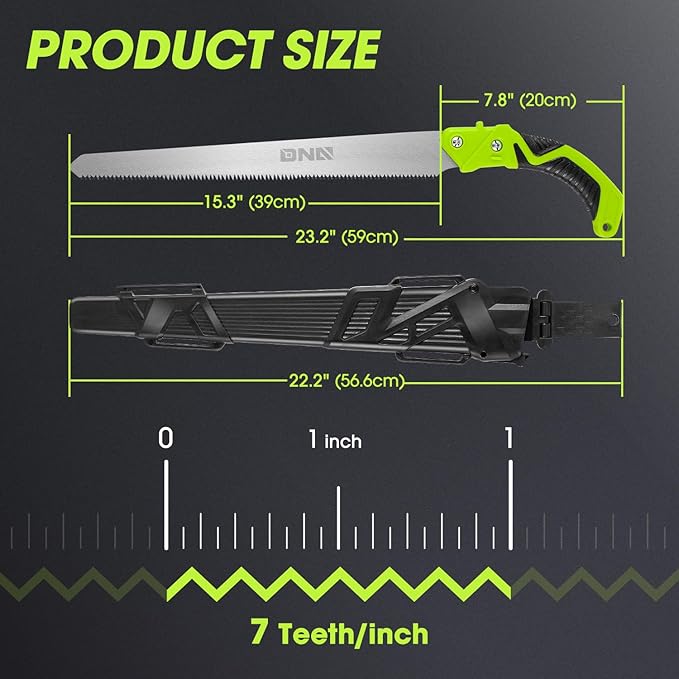 DNA MOTORING 15.5in Hand Pruning Saw, Hand-Held Garden Saw, Straight Blade Waist Saw for Tree Branches Trimming, Gardening, Woodworking, w/Scabbard, TOOLS-00593