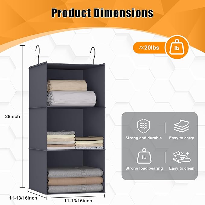 Hanging Closet Organizer and Storage 3-Shelf, Easy Mount Foldable Hanging Closet Wardrobe Storage Shelves, Clothes Handbag Shoes Accessories Storage, Washable Oxford Cloth Fabric, Dark Gray