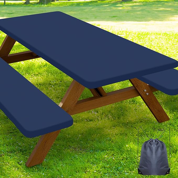 Smiry Picnic Table Cover with Bench Covers, Waterproof Elastic Fitted Polyester Tablecloths for 8 Ft Rectangle Tables, Washable Windproof Tablecloth for Camping, RV & Outdoor (Navy, 30x96 Inches)
