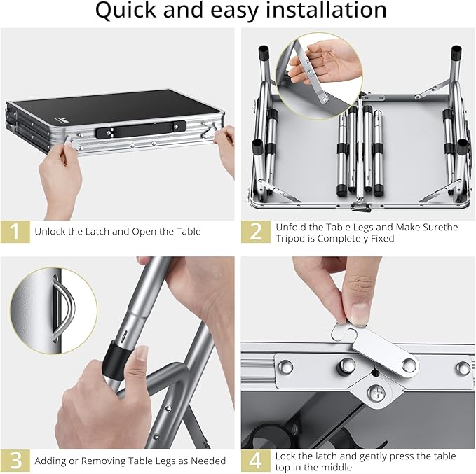 Folding Camping Table, Aluminum 24" x 16" Adjustable Height Small Folding Table with Carrying Handle, Lightweight, Portable Camping Table Waterproof for Outdoor Indoor Picnic Beach BBQ (Black)