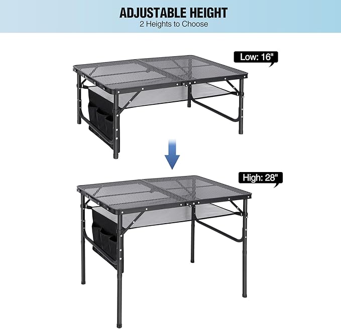RedSwing Folding Grill Table,Aluminum Portable Grill Stand Table for Outdoor Camping Picnic BBQ Lightweight, Adjustable Height, 36''x24''x16/28'', Black