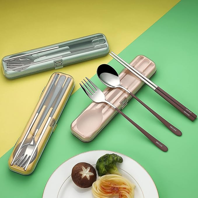 DEVICO Portable Utensils, Travel Reusable Silverware Flatware Set for Lunch, 18/8 Stainless Steel 4-Piece Camping Cutlery Include Fork Spoon Chopsticks with Case (Brown)