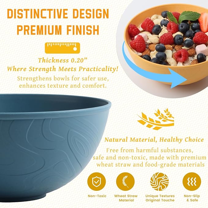 Homienly Wheat Straw Bowls Set of 6, 40 OZ Cereal Bowls for Kitchen, Unbreakable Soup Bowl with Unique Texture, Alternative to Plastic Bowl for Decoration, Microwave & Dishwasher Safe, Reusable,Multi