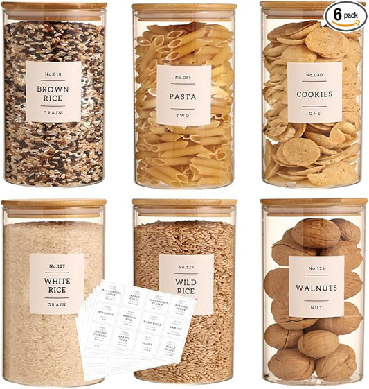 6 Pack Glass Jar with Airtight Bamboo Lid and White 132 Kichen Pantry Labels Preprinted - 28 Oz Clear Round Glass Food Storage Containers set For Tea Coffee Bean Cookie