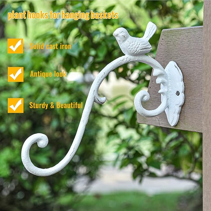 Sungmor Cast Iron Plant Hanger Wall Hooks, Heavy Duty Hanging Basket Brackets, Lovely Bird Shape & 10 inch & 2PC White, Decorative Wall Hangers for Planters Lanterns Bird Feeders Houses Wind Chimes