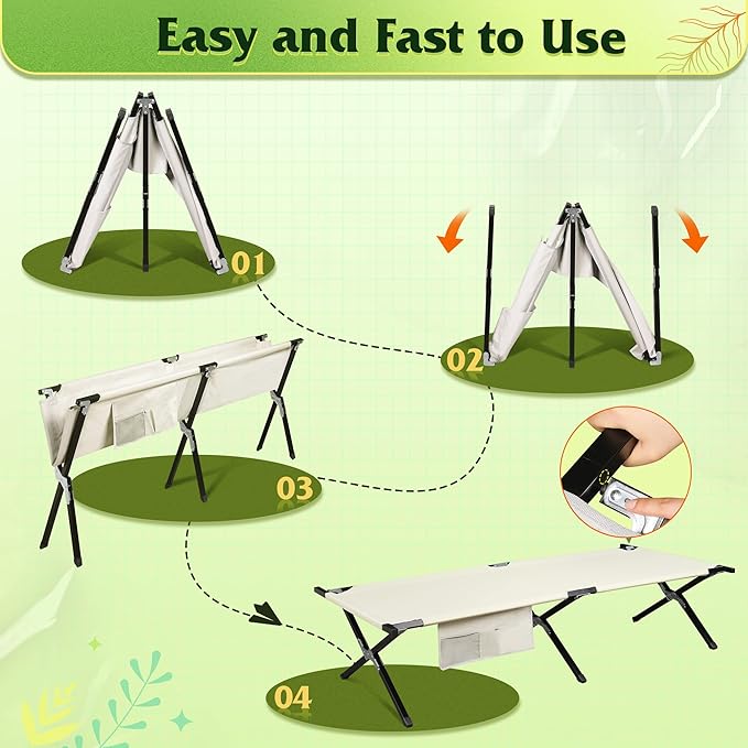 WLIVE Military Camping Cot, Portable Folding Cots for Sleeping with Carry Bag, Outdoor Camping Bed for Adults with Side Pocket, Support 300 Lbs, Silver Greige