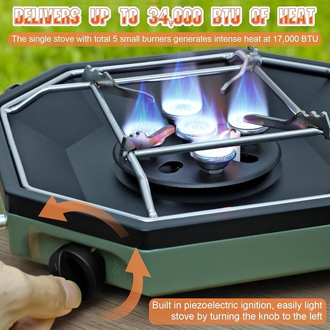 Camping Stove Propane Two Burner, 34000BTU Foldable Camp Stove Gas Propane Burners for Outdoor Cooking, Portable Stoves Gas Burners with Windsheild, Carrying Bag, Grates, Regulator