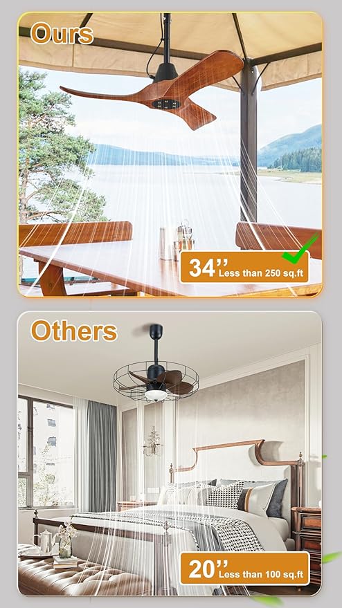 3 Blades Wood Outdoor Ceiling Fan for Patios, Farmhouse Rustic Ceiling Fans, 34" Plug-in Wet Rated Outdoor Gazebo Fan for Exterior House Porch Patio, Waterproof,F246