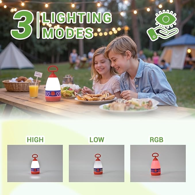 Kids Camping Lantern & Night Light Battery Powered (AAA Included), 360° Eye-Safe Light, IPX4 Waterproof with RGB Modes Portable for Outdoor, Emergency & Bedtime, Gift for Children (Flag)
