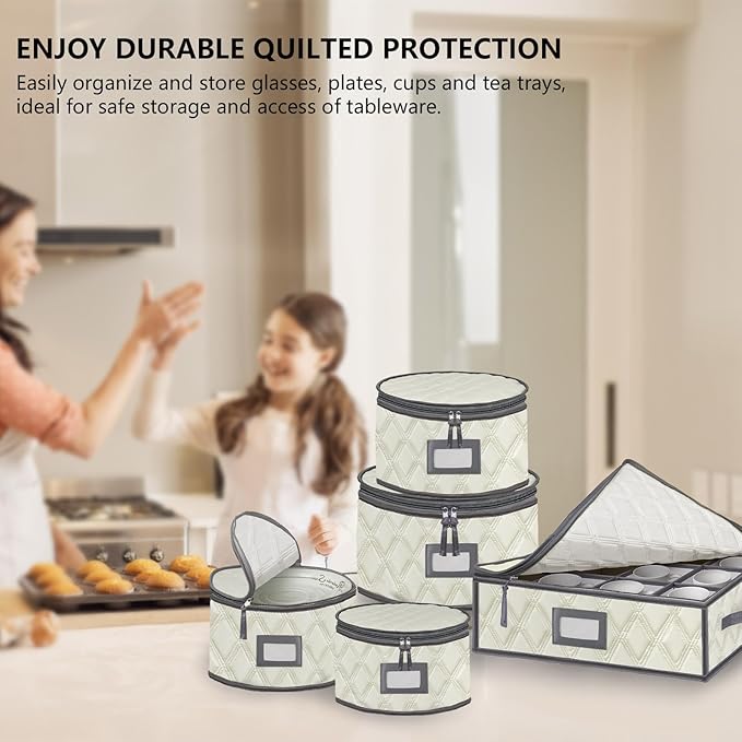 VERONLY 5 Pack China Storage Containers Set (Beige) - Sturdy Quilted Wine Glass & Dish Storage with Dividers - Compact Size