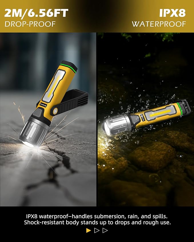 FORTO Magnetic Work Light 2000LM, 5000mAh Rechargeable Flashlight, IPX8 Waterproof Worklight with 240° Rotating Handle, for Emergency, Camping, Garage, Car Repair, Hurricane, Power Outage (Yellow)