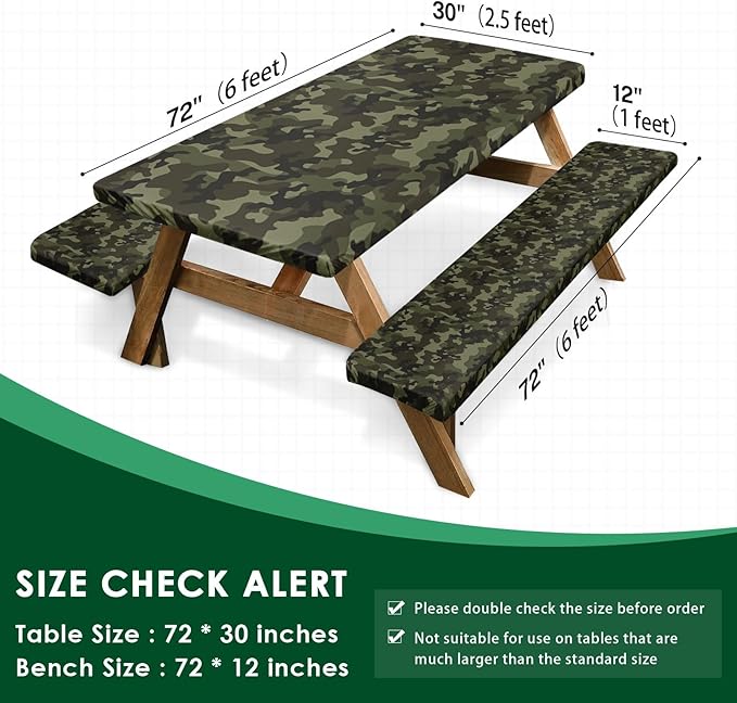 Picnic Table Cover with Bench Covers Elastic Edges, Camouflage Camper Fitted Table Cover, Outdoor Camping Essentials 72 Inch 3PCS, Waterproof Camping Fitted Tablecloth with Drawstring Bag