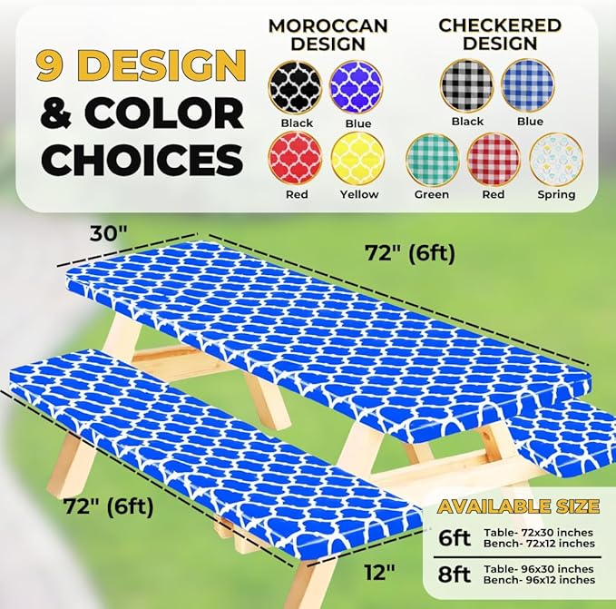 RNOONY 6ft Vinyl Picnic Table Cover with Bench Covers with Carrying Bag, Camping Essentials Tablecloth Waterproof and Windproof with Elastic Edge. Perfect for Indoors and Outdoors Blue 72x30 inches