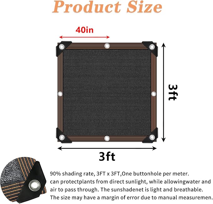90% Black Shade Cloth for Patio, 3x3 FT Mesh Tarp Sun Shade Cloth with Grommets, Sun Protection Sail for Garden Greenhouse Pergola Plants Chicken Coop Patio Outdoor Neting Cover
