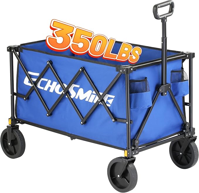 EchoSmile Heavy Duty 350 Lbs Capacity Collapsible Wagon, Outdoor Folding Camping Wagons, Grocery Portable Utility Cart, Adjustable Rolling Carts, All Terrain Sports Wagon with Big Wheels (Dark-Bule)
