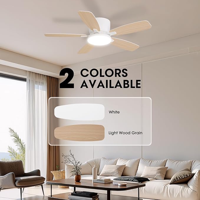 Ceiling Fans with Lights, 44" Low Profile Ceiling Fan with Light Remote Control, 6 Speed 35dB Ultra Quiet Smart Ceiling Fan with Reversible DC Motor, Dimmable 3CCT LED for Bedroom/Living Room (White)