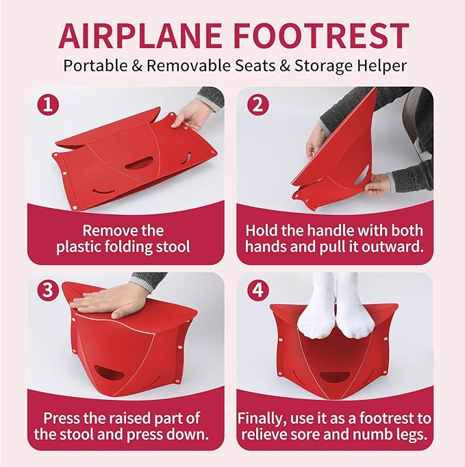 Travel Foot Rest for Airplane & Office - Portable Under Desk Foot Stool, Relieves Back & Knee Pain, Comfort for Long Flights, Cars, Subways & Trains (Red)