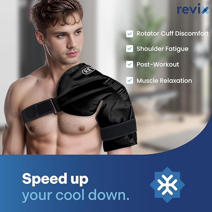 REVIX XL Shoulder Ice Pack Rotator Cuff Cold Therapy, Reusable Gel Ice Pack Shoulder Wraps for Discomfort and Recovery, Promoting Flexibility and Mobility, Long-Lasting Compression, Black