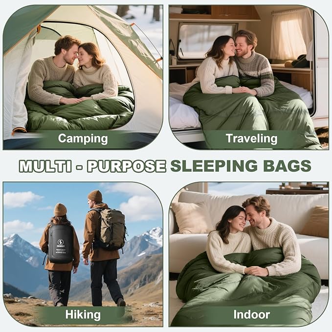 0 Degree Flannel Double Sleeping Bag for Adults, Couples or Family - Winter Queen Size Waterproof & Warm 2-Person Sleeping Bag for Cold Weather Camping, RV Travel