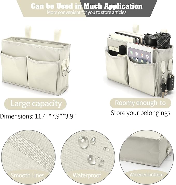 Bunk Bed Organizer, Bedside Caddy Hanging Bed Organizer Storage Bag with 4 Pockets and 2 Hooks, for College Dorm Rooms Bed, Hospital Bed, Baby Bed Rails, 600D Oxford Cloth (Beige)