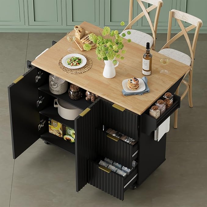 win2win Rolling Kitchen Island with Storage, Portable Kitchen Island with Drop Leaf Breakfast Bar, Modern Farmhouse Kitchens Cart on Wheels with Fluted Design, Towel Rack, Spice Rack, Black