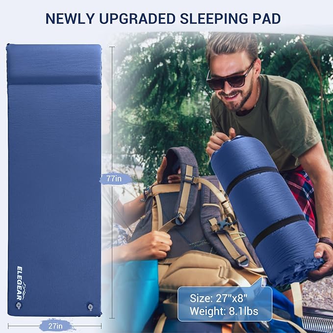 Elegear Self Inflating Sleeping Pad, 3.15" Ultra-Thick Memory Foam Camping Pad with Pillow Fast Inflating in 20s Insulated Camping Mattress Pad 4-Season Camp Sleeping Mat for Camp/Travel/Car/Tent