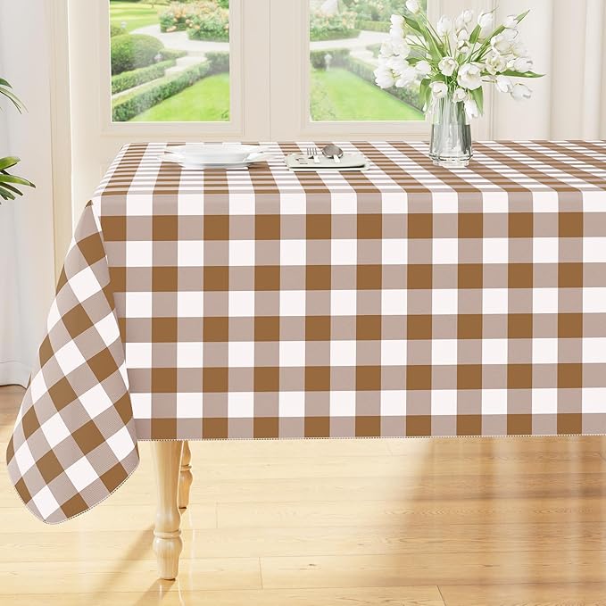 Smiry Rectangle Table Cloth, Waterproof Vinyl Tablecloths with Flannel Backing, Wipeable Buffalo Plaid Table Cover for Dining, Indoor and Outdoor (Brown & White, 60"x84")