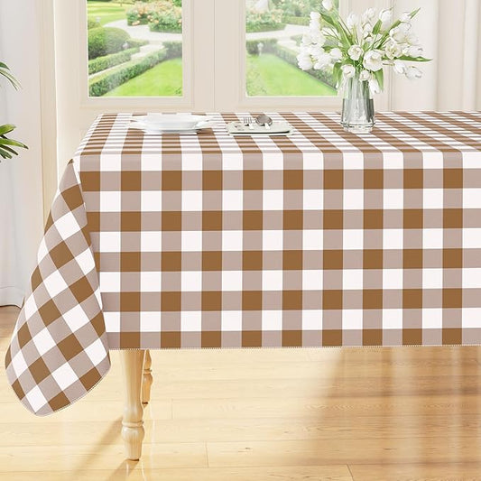 Smiry Rectangle Table Cloth, Waterproof Vinyl Tablecloths with Flannel Backing, Wipeable Buffalo Plaid Table Cover for Dining, Indoor and Outdoor (Brown & White, 60"x84")