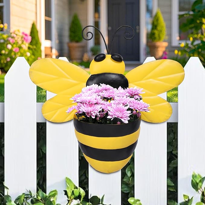Metal Wall Planter Bee Wall Mounted Planters Small Flower Pot with Drainage for Indoor Outdoor Farmhouse Hanging Planter Succulent Plant Container Vertical Garden Yard Decor