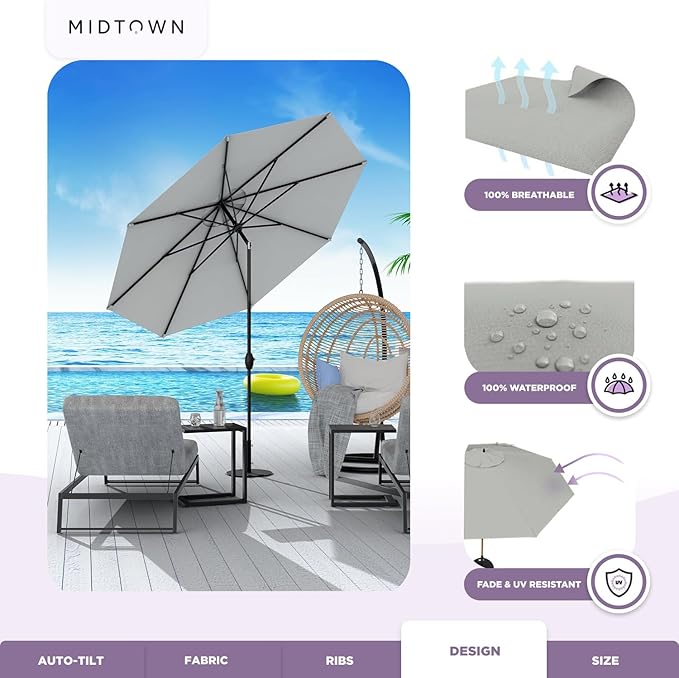 Midtown Umbrellas 10-Year-No-Fade - 8 Ft - UV Proof Matter (Grey) Polyester Fabric - Umbrella Outdoor Patio, Auto-Tilt Aluminum Frame Patio Umbrella for Garden, Pool & Deck - Black Pole