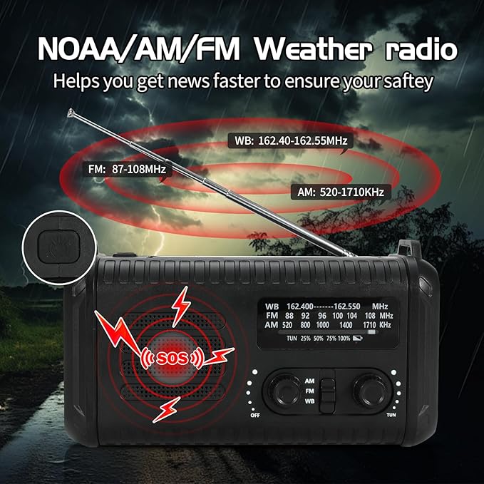 Emergency Weather Radio, 20000mAh Solar Radio, Hand Crank Radio with AM/FM/NOAA, Portable Radios with Flashlight & Reading Lamp, Earphone Jack, SOS Alarm, Phone Charger for Indoor Outdoor Emergencies