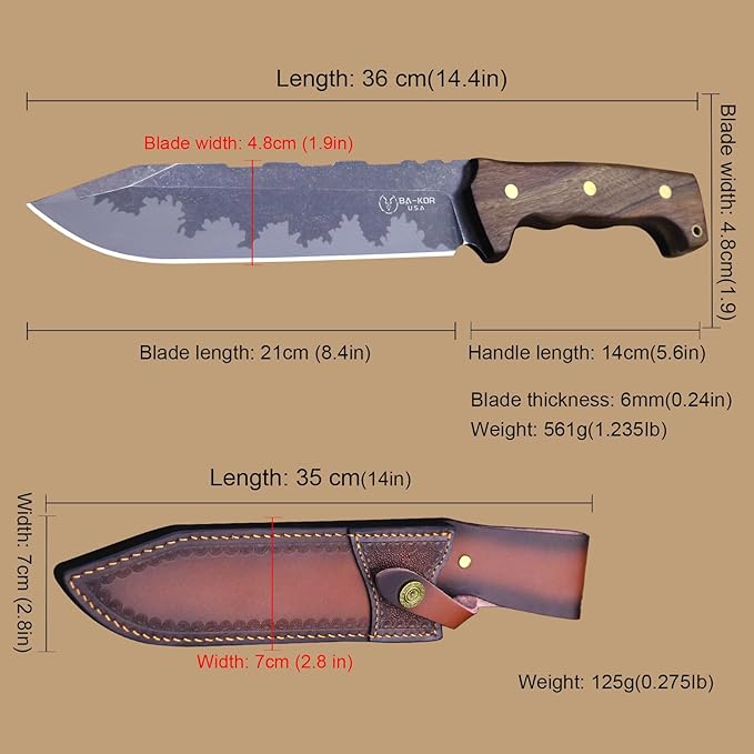 BA-KOR DC53 Steel 38CM (15.2IN) Full Tang 6mm Thick Fixed Knife+Sheath&(5.9IN) Cerium Igniter, Suitable for Outdoor Hunting, Camping, Survival Exploration, EDC