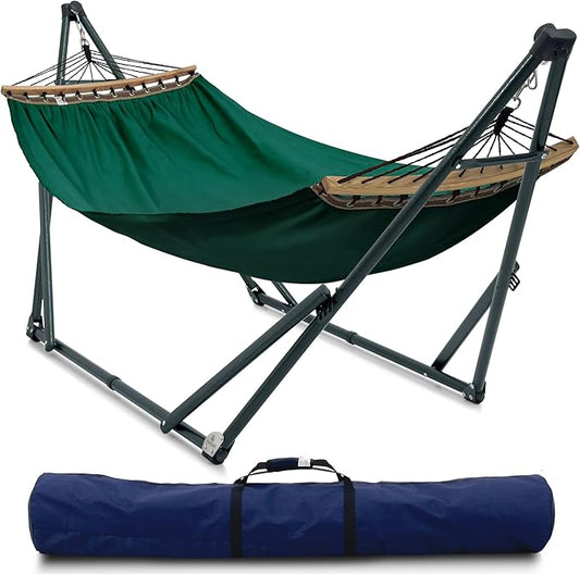 Tranquillo Sturdy Steel Hammock Stand with Premium Cotton Canvas, 600 lbs Capacity Folding, Portable Hammock Stand 30-Second Fold Unfold Spacious Design, (Canvas - Emerald Green)