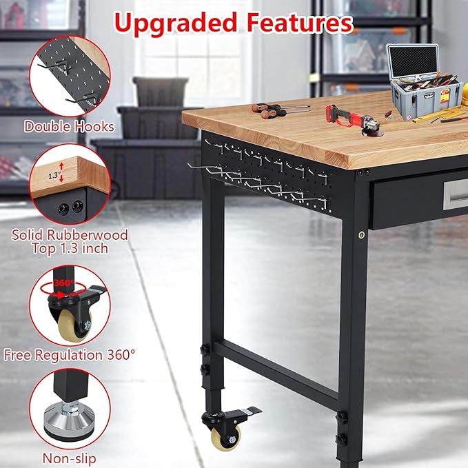 Work Bench 48" Adjustable Height, Heavy-Duty Portable Workbench with Power Outlets and Drawer for Garage & Workshop, 2000 LBS Load Capacity, Work Table for Office, Home, Easy Assembly