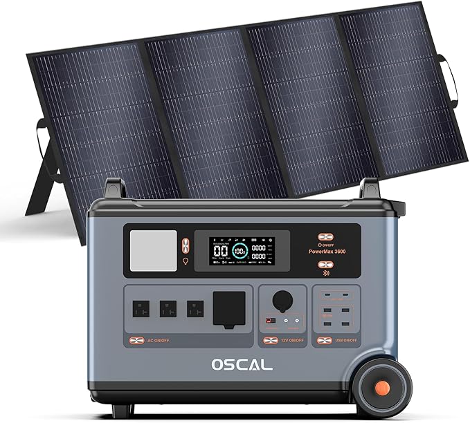 OSCAL PowerMax 3600 Solar Generator with 400W Solar Panel, 3600Wh/3000W Power Station with 4 AC Outlets (6000W Peak), 1.2H Full Charging, APP Control Emergency Power Station for Home, Camping & RVs