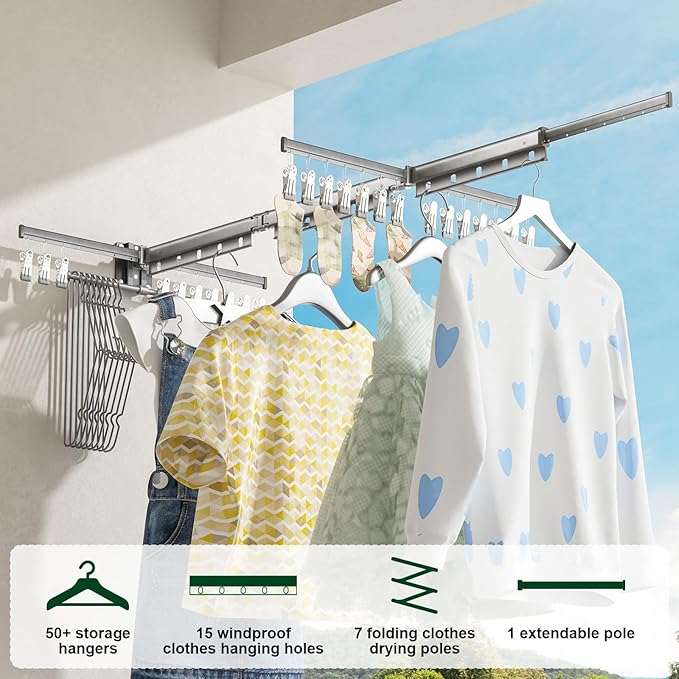 Clothes Drying Rack,2025 New Upgraded Laundry Drying Rack, Sturdy Clothes Drying Rack Wall Mounted,with Additional 4 Branches and 20 Clips,Collapsible,Retractable,Ideal for Patio,Laundry