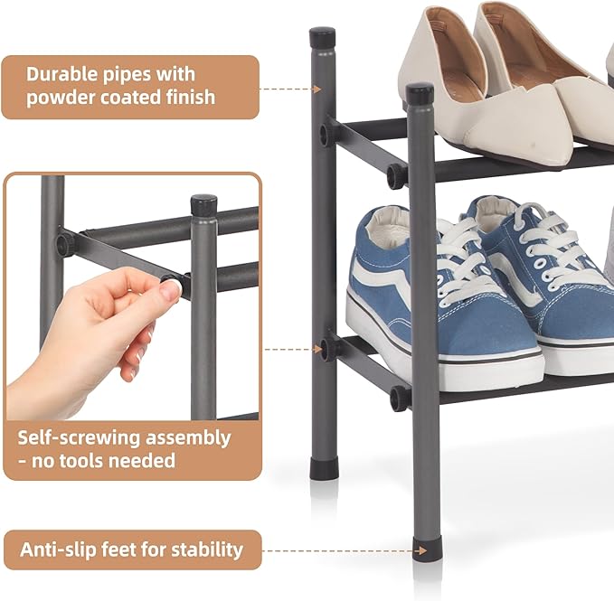 STORAGE MANIAC Expandable Shoe Rack, 8 Pairs Stackable Small Shoe Rack, Metal Adjustable Shoes Organizer for Closet, Entryway, Hallway, Garage, Front Door, Shoes Shelves, Black 2 Tier