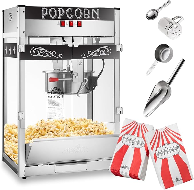Olde Midway Commercial Popcorn Machine Maker Popper with Extra Large 16-Ounce Kettle - Black