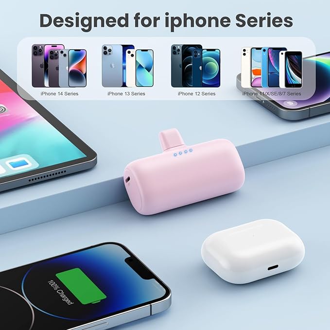 [2-Pack] Mini Portable Charger for iPhone,5200mAh Ultra Compact PD Fast Charging Power Bank,Plug-in Battery Pack Travel Cordless Phone Charger,Compatible with iPhone 14/14Pro/13/12/11/X/8(Pink+Green)