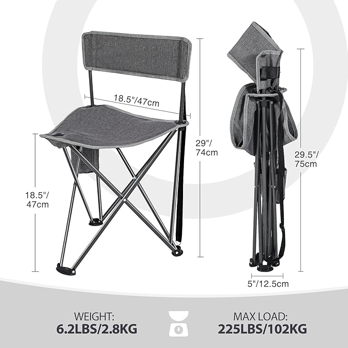 REDCAMP 2 Pack Tall Tripod Chairs for Adults, Folding Lightweight Portable Golf Chairs for Spectators, Compact 3 Legged Tripod Stools Seat with Backrest for Camping Fishing Hunting, Dark Gray
