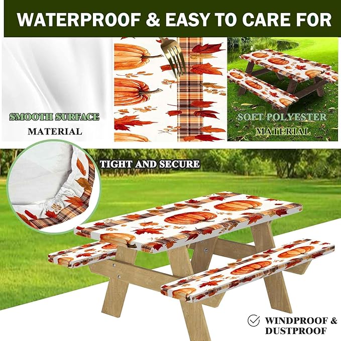 CAPSCEOLL Fitted Picnic Table Cover with Bench Covers with Elastic 8Ft Waterproof Picnic Table Cloths Windproof Outdoor Camping Tablecloth with Drawstring Bag, 96X30in, Pumpkins Leaf