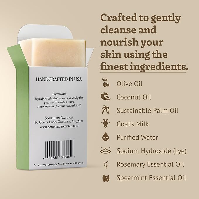 Southern Natural Goat Milk Soap Bar - 3 Pack Rosemary Mint - For Dry Sensitive Skin. Natural, Handmade Soap For Men, Women & Kids. Use On Face & Body