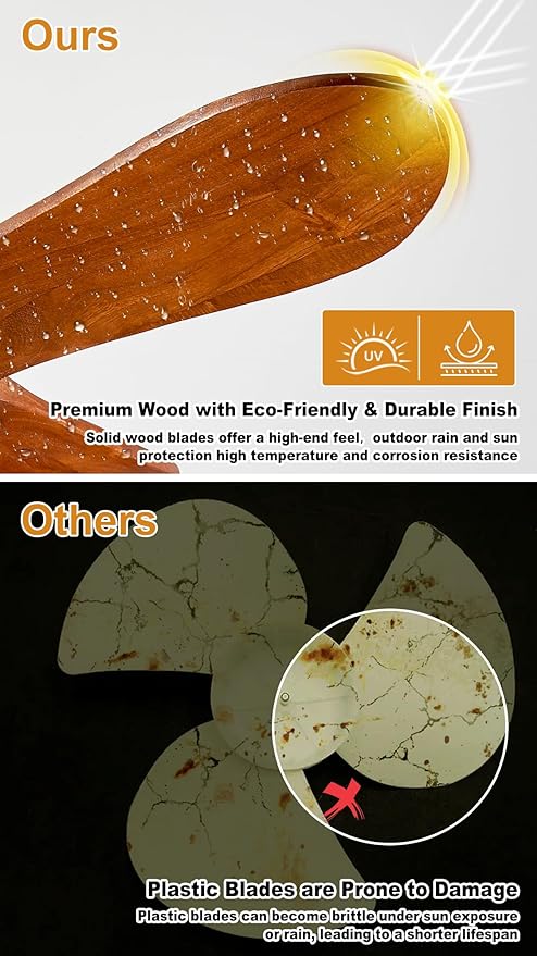 3 Blades Wood Outdoor Ceiling Fan for Patios, Farmhouse Rustic Ceiling Fans, 42" Plug-in Wet Rated Outdoor Gazebo Fan for Exterior House Porch Patio, Waterproof,F246